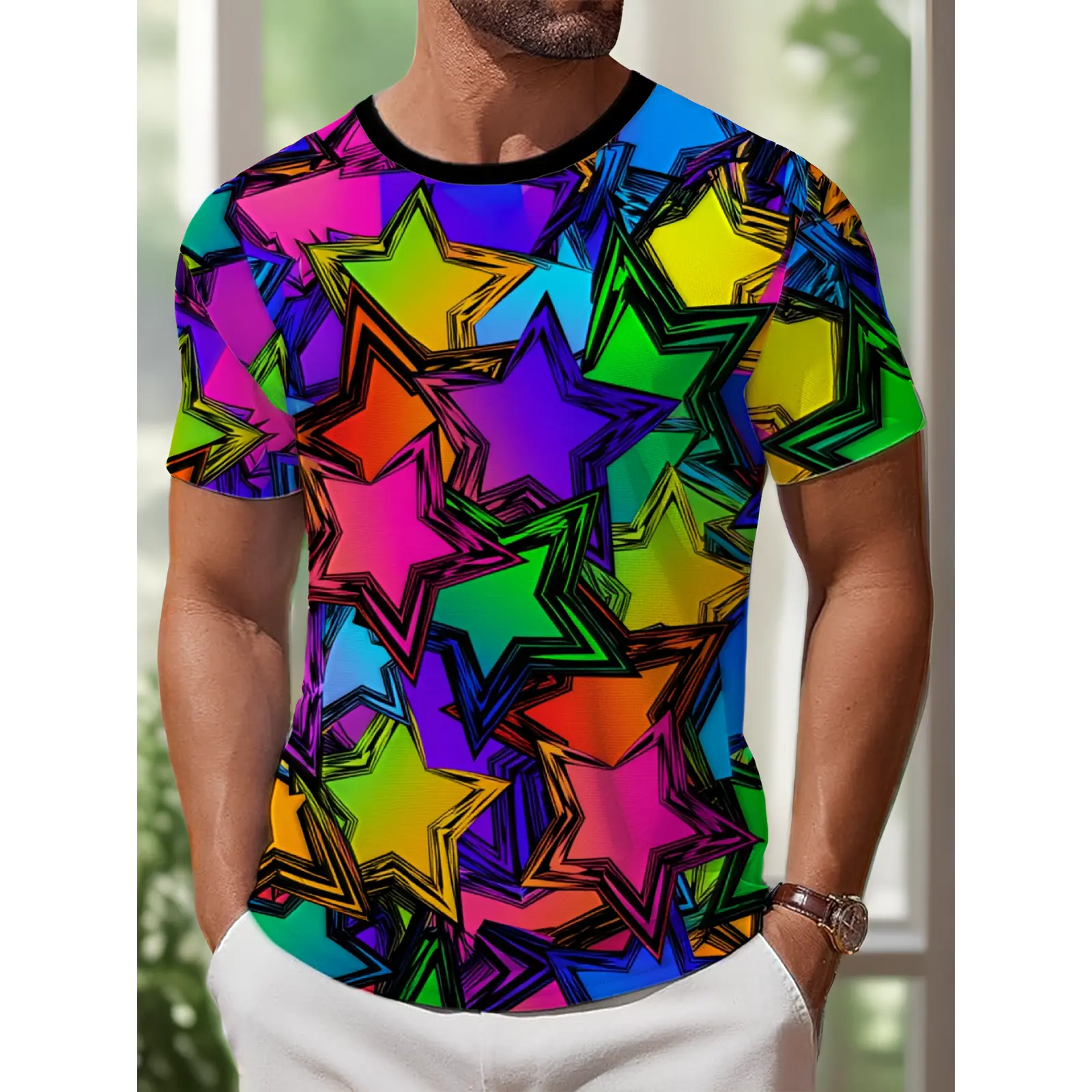 Men's Color-Blocked Star All-Over Print Short Sleeve Sports Top - S to XXXXL Drop Shoulder Loose Crew Neck, Breathable Casual Summer Streetwear, Plus Size Machine Washable Versatile Base Shirt, Loose-Fitting, No
