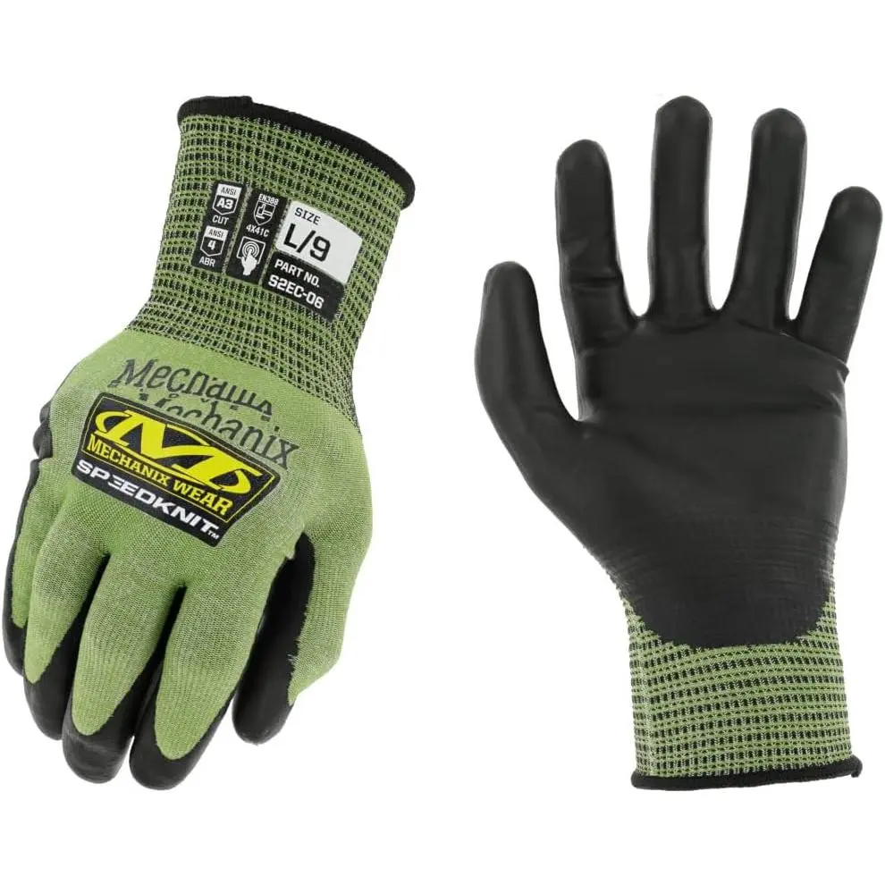 SpeedKnit S2EC06 Coated-Knit Work Gloves - 18-Gauge HPPE, Heavy Duty, Cut & Abrasion Resistant, High Dexterity, Touchscreen Compatible, Machine Washable, Eco-Friendly, Multi-Size (Medium, Green) for Mining, Compression Cuff, Ansi, Hppe Knit, Comfortable F