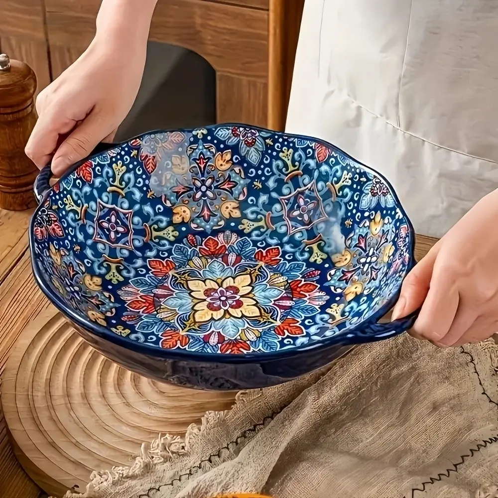 Bohemian Style Large Capacity Serving Soup Bowl Pot, Ceramic Bowls, Soup Bowls With Handles, Ceramics Tableware, Microwave Safe Dual Handles, Durable Design, Perfect for Home Dining & Parties, Durable Kitchenware