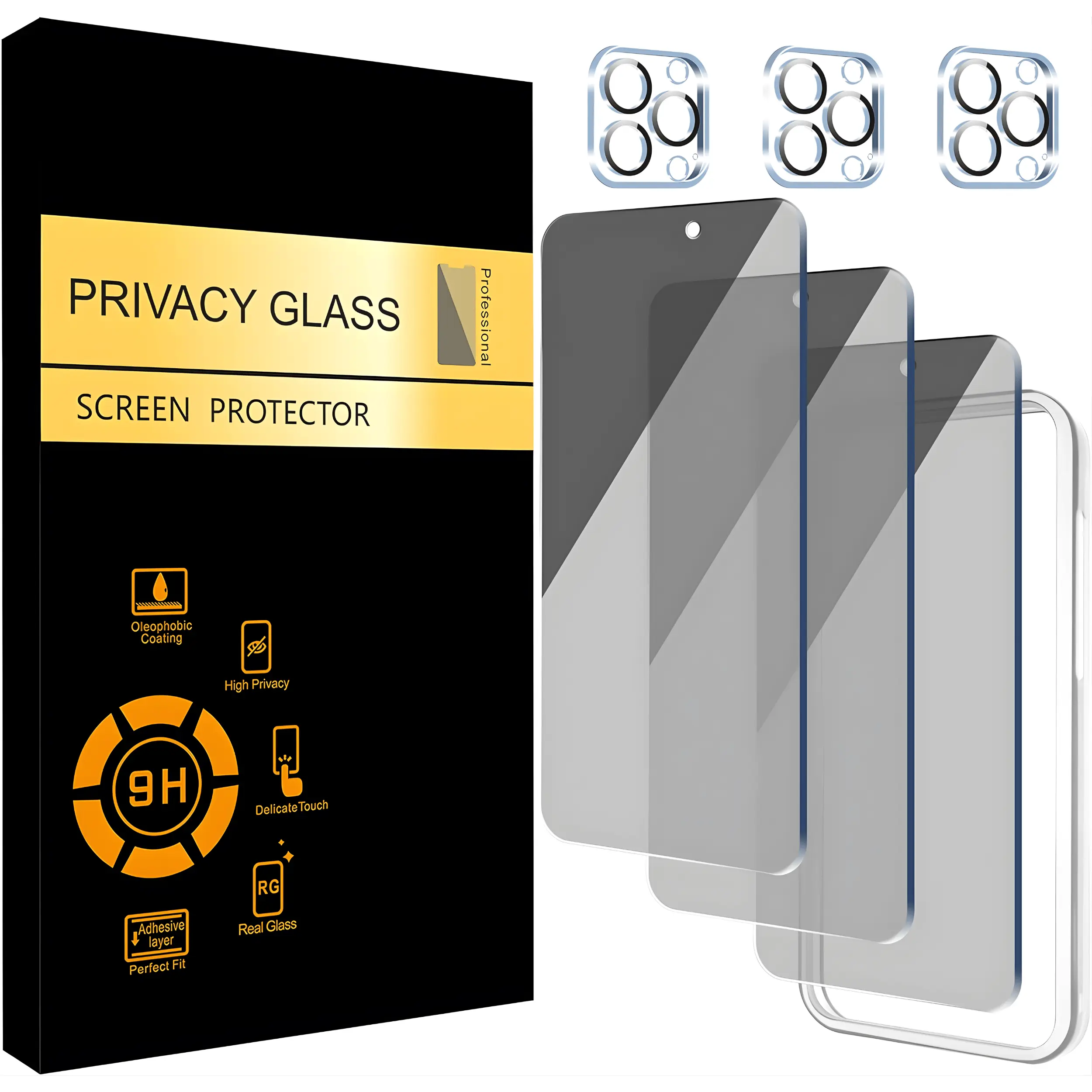 iPhone 15 Pro Max Privacy Screen Protector 6 Pack 3 Pack Anti Spy 6.7” Tempered Glass + 3 Pack Camera Lens Protector with Installation Frame, 9H Hardness, Case Friendly HD Clear Dynamic Island Compatible