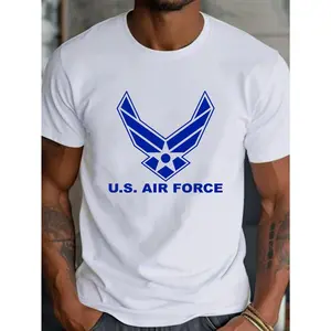 Men's U.S. Air Force Logo Cotton T-Shirt, Black with White Graphic, Casual Crew Neck Short Sleeve, Lightweight & Breathable Summer Top for Casual Attire, Casual Wear | Logo Printed Shirt | Lightweight Fabric