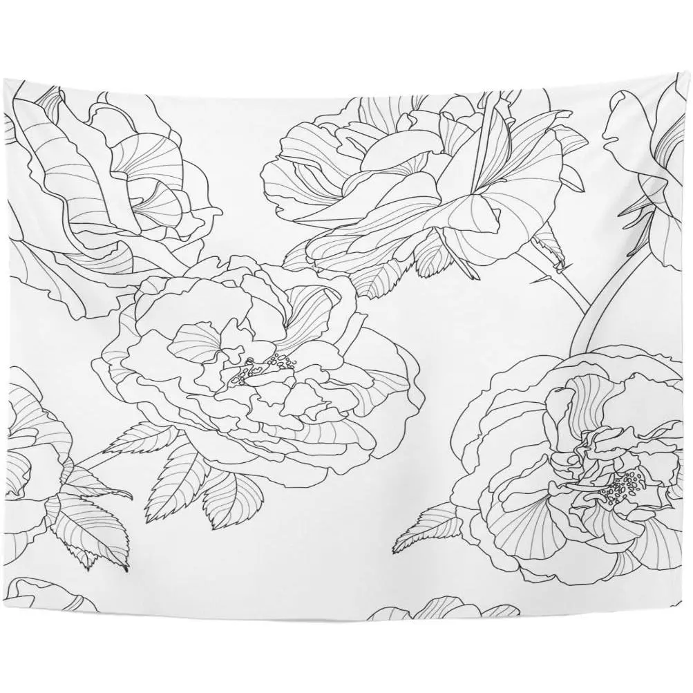 Tapestry Grey Line Floral Black White Outline Rose Flowers Design Linear Home Decor Wall Hanging Living Room Bedroom Dorm. Multiple sizes are available for selection.