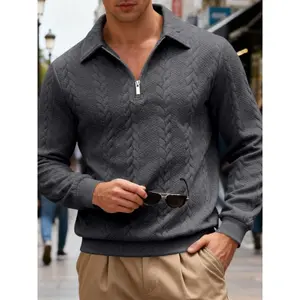 Men's Fall Winter Fleece Embroidered Pullover Sweatshirt, Quarter Zip Design, Knit Long Sleeve Casual Top, Loose Fit Large Size