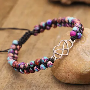 Natural Gemstone Crystal Beaded Purple Galaxy Sea Sediment stone Hand Woven Braided Bracelet for Women Girls, Infinite Love Charm Bracelet