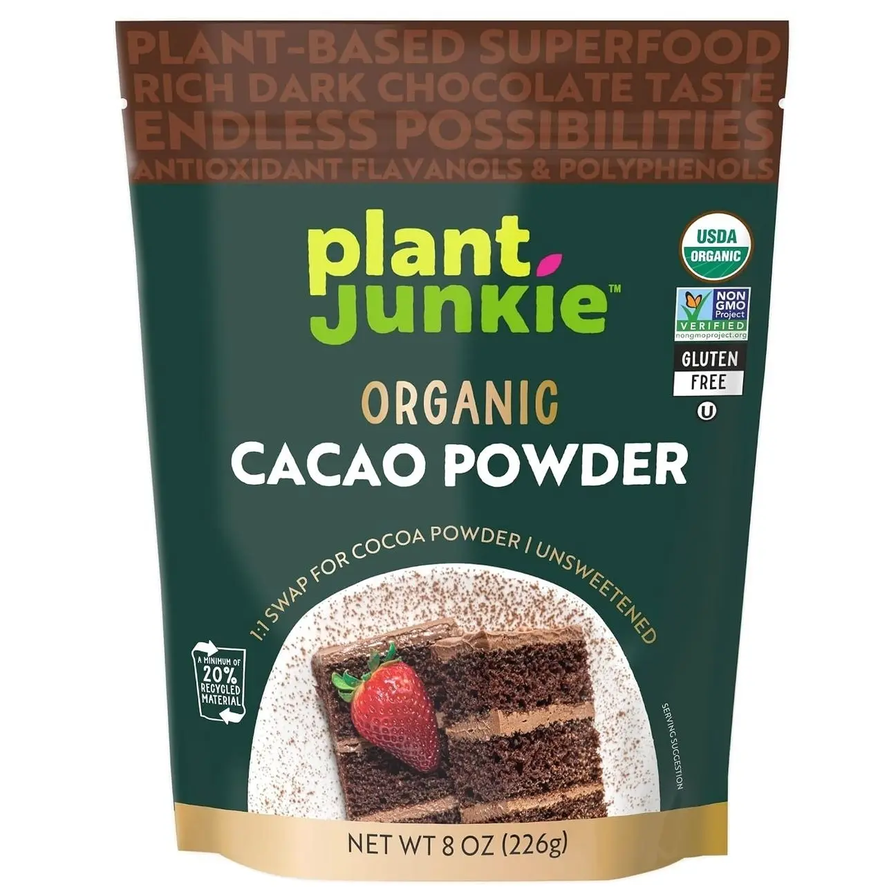 Plant Junkie Organic Cacao Powder, 8 oz - Unsweetened, Rich Dark Chocolate Taste, Certified Non GMO, Gluten Free, Kosher
