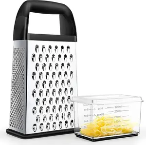 Stainless Steel 4-Sided Grater with Container, Lid and Detachable Handles, Multi-Use Dishwasher-Safe Kitchen Utensil for Cooking, Baking, Stainless Steel Four-Sided Grater