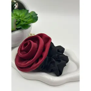 Elegant Rose Hair Scrunchie, Burgundy and Black, Silk-Like Fabric, Comfortable for everyday use. silk scrunchies