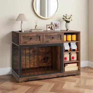 47" Dog Crate Furniture, Wooden Dog Kennel with Drawers and Shelves, Large Dogs Crate Furniture TV Stand, for Large Medium Dogs Enclosure