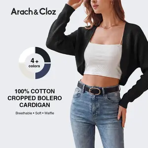 Arach&Cloz Women's 100% Cotton Bolero Shrug V Neck Cropped Cardigan Waffle Knit Sweaters2026