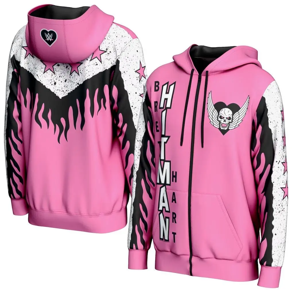 Bret Hart WWE 3D Zip Hoodie Pink Hitman Skull Wings Logo Flames Stars Print Unisex Streetwear Casual Fall Winter Spring Loose Fit Wrestling Fan Apparel Gift Men Women Sports Jacket
