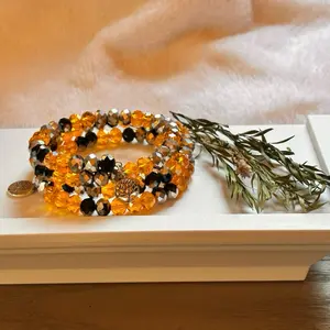 Amber Twilight Hit Memory Wire Bracelet with Tree of Life Charms - Orange & Black Beaded Design