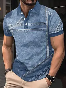 Men's Short Sleeve Shirt, Menswear, Fashion Casual, 3D Digital Print, Casual Printed, Blue Denim Stacked Texture, Casual Lapel Collar, Perfect Gift for Dates and Beach Vacations