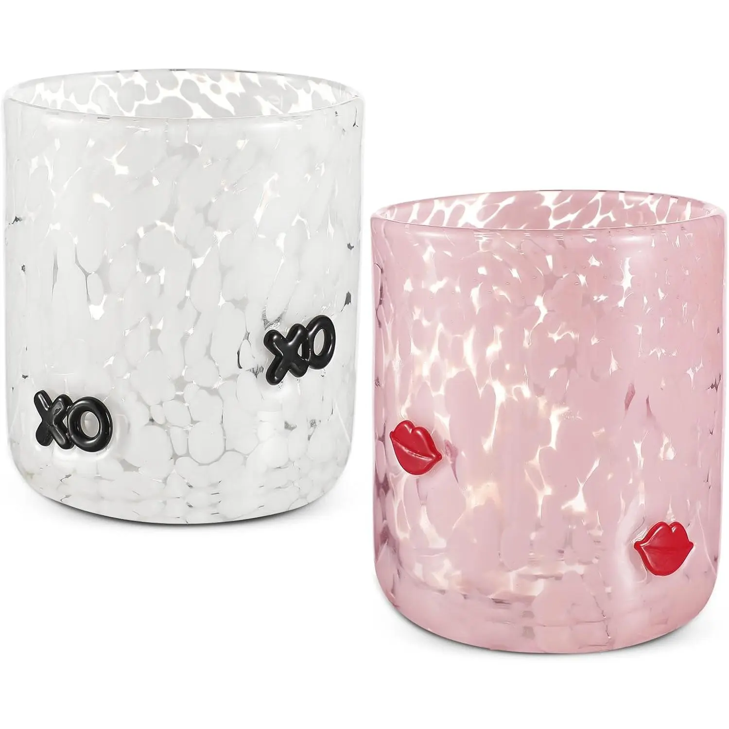 Women's 14oz Hand-Blown Red XO Lips Icon 2-Piece Stemless Classic Stylish Drinkware Set, Romantic Cocktail Glasses, Valentine’s Holiday Home Decor Gifts for Adults