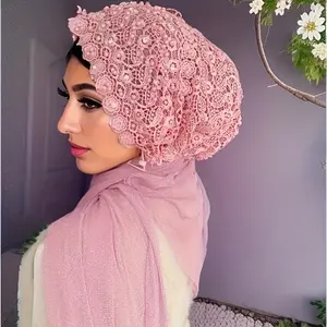 Muslim Hijab Headscarf for Women - Adjustable Lace-like Full Cover (Face & Hair) with Veil-like Panels, Breathable Pink/Beige, One-Piece Shawl for Prayer, Daily Wear, Weddings & Islamic Events - Hand Washable (No