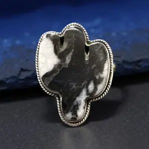 Zebra Jasper Cactus Shaped Statement Sterling Silver Ring size 9