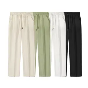 Breathable Ice Silk Linen Like Mens Wide Leg Pants Elastic Waist Drawstring Closure Wrinkle Resistant Fabric Perfect for Summer Daily Wear and Office Commute