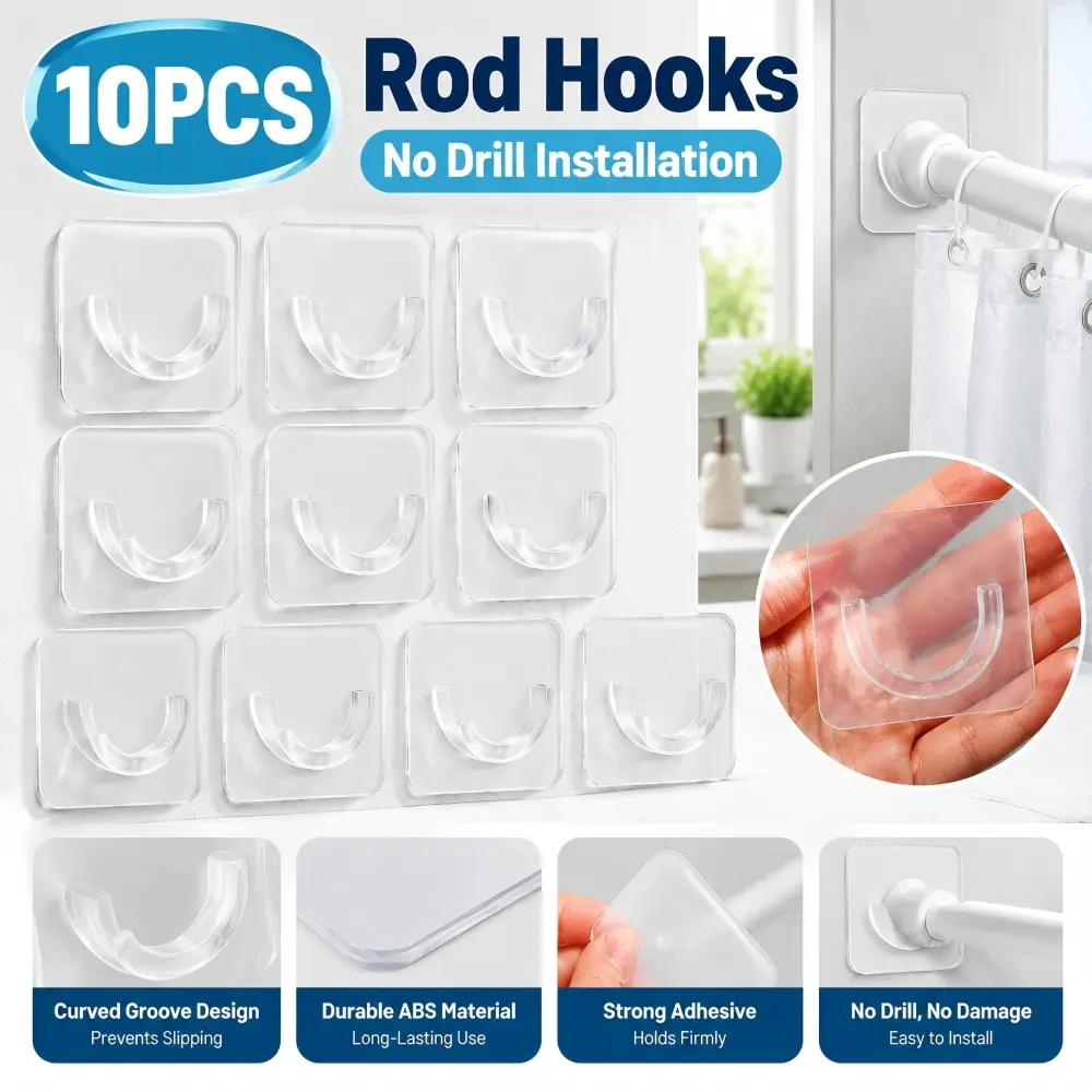 10pcs Telescopic Rod Holders, No Drill Adhesive Curtain Rod Brackets, Heavy Duty Stick On Mounting Supports for Bathroom, Kitchen, Closet Storage, Adjustable Rod Fixers, Space Saving Home Organizer, Durable Plastic Wall Mount Clips