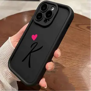 Initial Letter K Love Heart Pattern Case for iPhone 16 15 14 Pro Max 13 12 11 XR XS Plus Shockproof Non Slip Military-Grade Protection Silicone Cover Protective Smartphone