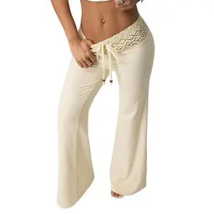 Women’s Knitted Beaded Drawstring Loose Casual Vacation Pants, Comfortable High-Waist Trousers for Spring and Autumn