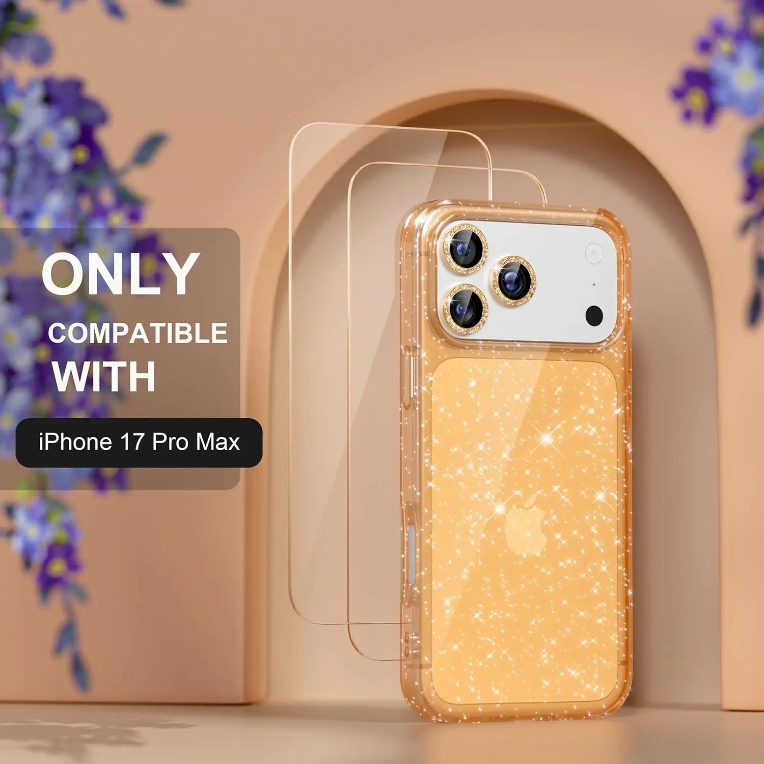 Choiche Compatible for Iphone 17 Pro Max Case, Women Cute Clear Glitter Bling Sparkly Case, [3 X Diamond Camera Lens Protectors] [2 X Tempered Glass Screen Protectors] 6.9-Inch (Glitter Gold) Cover Durable
