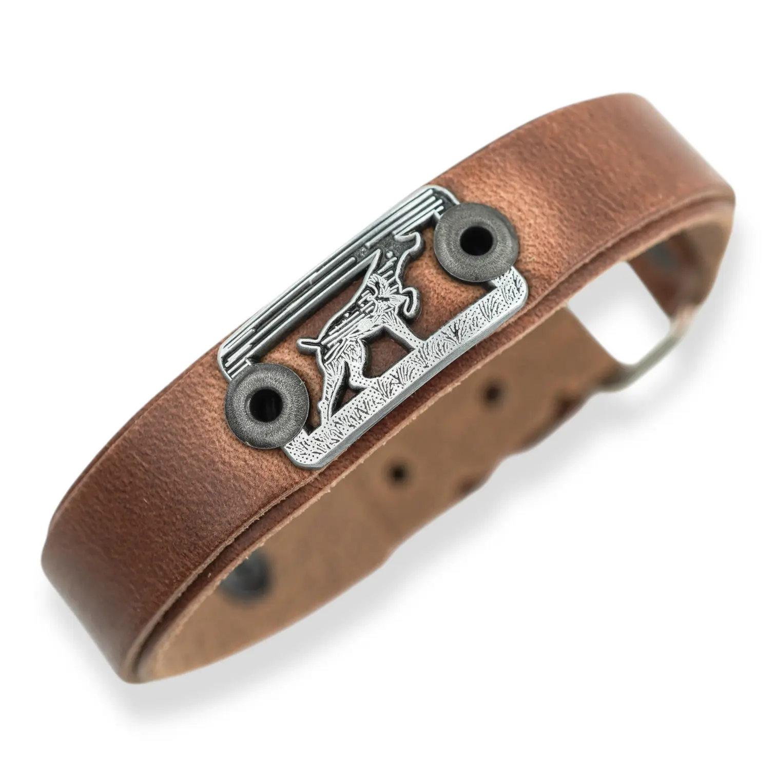 On Point Flush Skinny Unisex Leather Bracelet with Textured Diecast Badge Adjustable Closure 6" to 8" Wrist Pointing Dog Hunting Bracelet Bird Dog Badge on Brown Leather Cuff
