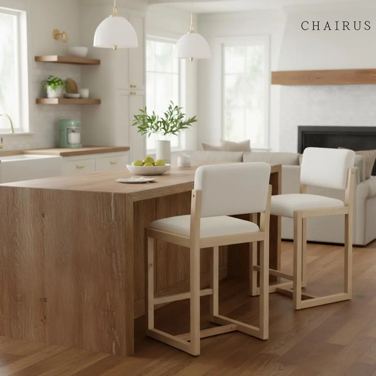 CHAIRUS 26" Counter Height 2-Seat Barstools - Mid-Century Beige Linen Upholstered Kitchen Island Chairs, Solid Wood Frame, Open Back, Footrest, Without Arms, Easy Setup, Assembly Required (Summergarden) 2-Seat Beige Fabric Home Bar Furniture