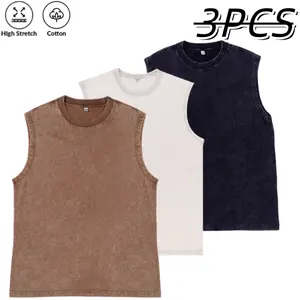 Pack of 3 pure cotton sleeveless tank tops, American street style, distressed washed finish, highly elastic and skin-friendly fabric, suitable for gym workouts, lifting iron, everyday casual wear, versatile basic men’s apparel Muscle Wash Unisex Acid