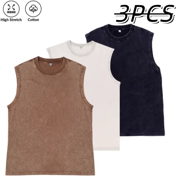 Pack of 3 pure cotton sleeveless tank tops, American street style, distressed washed finish, highly elastic and skin friendly fabric, suitable for gym workouts, lifting iron, everyday casual wear, versatile basic men’s apparel Muscle Wash Unisex Acid tikt