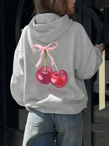 Women's Cherry & Letter Print Drop Shoulder  Thermal Lined Hoodie, Fashion Casual Drawstring Pocket Hooded Sweatshirt for Daily Holiday Outdoor Wear, Ladies Clothes for Fall & Winter, Cute Sweatshirt