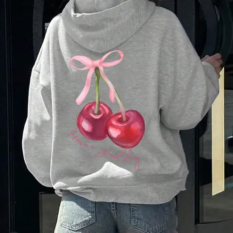 Women's Cherry & Letter Print Drop Shoulder  Thermal Lined Hoodie, Fashion Casual Drawstring Pocket Hooded Sweatshirt for Daily Holiday Outdoor Wear, Ladies Clothes for Fall & Winter, Cute Cozy Sweatshirt, Graphic Sweatshirts