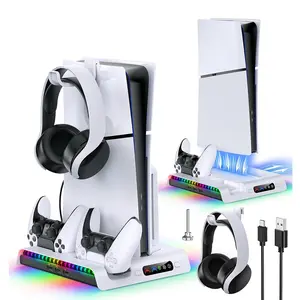 FASTSNAIL Charging Stand with Cooling Fan for PS5 Slim Console, Dual Controller Charger Station with 9 RGB Lights & Headset Hook & 3-Level Silent Fan Digital White