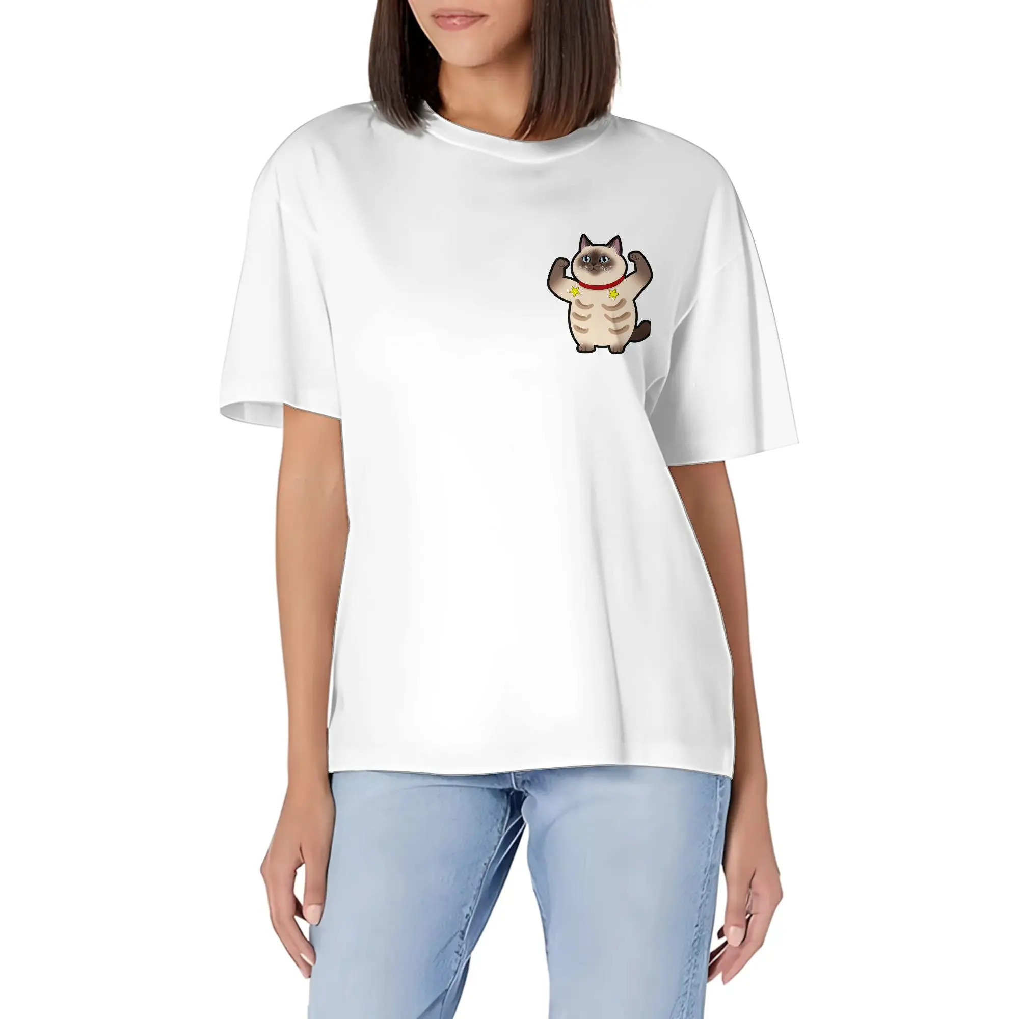 180g Women 100% Cotton Crew Neck Tee | strong siamese cat（Customizable design available）