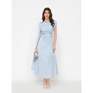 Cider Women's Satin Boat Neck Pleated Asymmetrical-Sleeve Maxi Dress