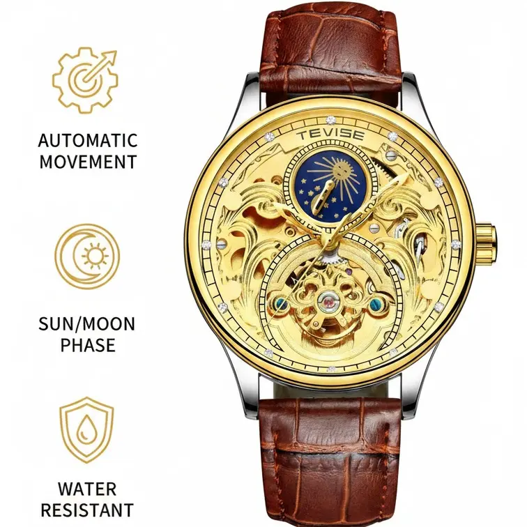TEVISE Mens Watch Luxury Business Mechanical Timepiece for Formal and Casual Wear with Skeleton Design Alloy Case Genuine Leather Strap relojes para hombres
