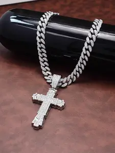 Hiphop Full Diamond Cross Pendant Necklace, Street Sacred Style, Alloy Chain, Zircon Gemstone, Casual Party Jewelry