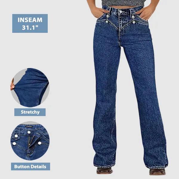 Flamingals Women's High-Rise Bootcut Jeans, Stretch Denim with Wash Button Decor Womenswear Bottoms 31.1" Inseam
