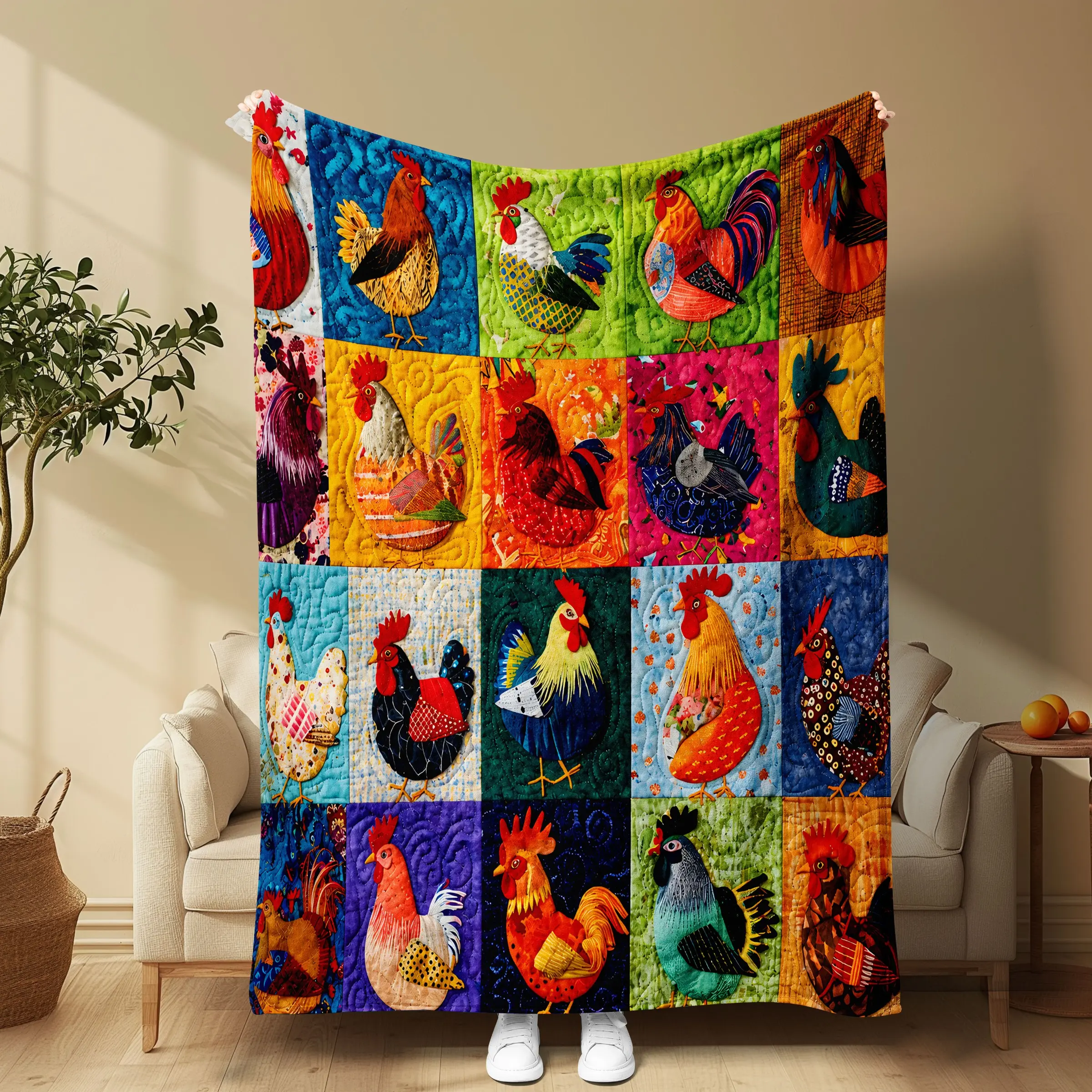 Vibrant Quilted Rooster Theme Blanket, Perfect Gift for Farm Lovers, Ideal Home Decor for Sofa, Bed, Wall Decoration