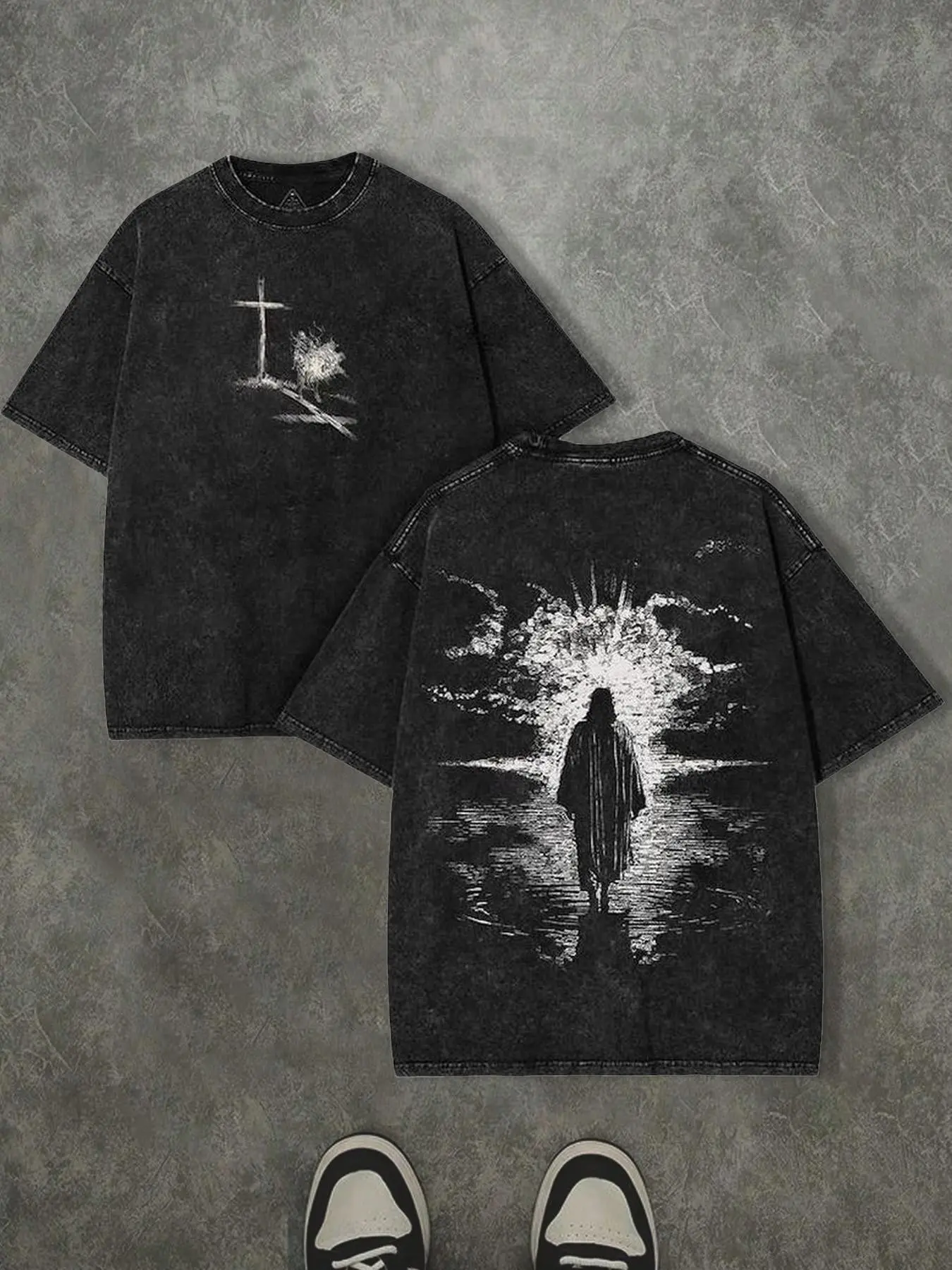 Unisex design, retro-style loose fit T-shirt with thorns and Jesus print, Christian-themed T-shirt, retro-style streetwear, casual, school-related, back-to-school, commuting. Popular TikTok fashion T-shirt