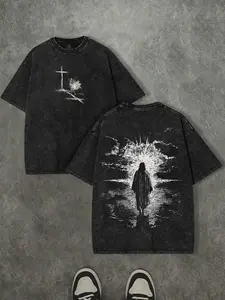 Unisex design, retro-style loose fit T-shirt with thorns and Jesus print, Christian-themed T-shirt, retro-style streetwear, casual, school-related, back-to-school, commuting. Popular TikTok fashion T-shirt