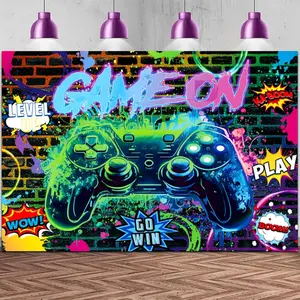 Video  Birthday Backdrop - 7x5FT Neon Graffiti Gaming Party Banner with Controller, Level Up Design and Brick Wall Background - Gamer Birthday Decorations for Boys  Teens