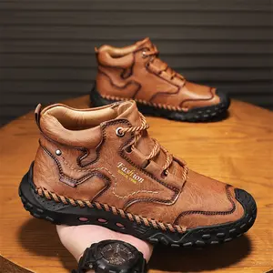 Men's New Fashion Mid-top Casual Shoes Lace-up Outdoor Hiking Leather Boots for Comfortable Wear& tiktok shop