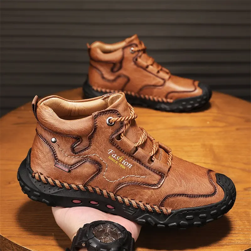 Men's New Fashion Mid-top Casual Shoes Lace-up Outdoor Hiking Leather Boots for Comfortable Wear& tiktok shop tiktokshopbacktoschool