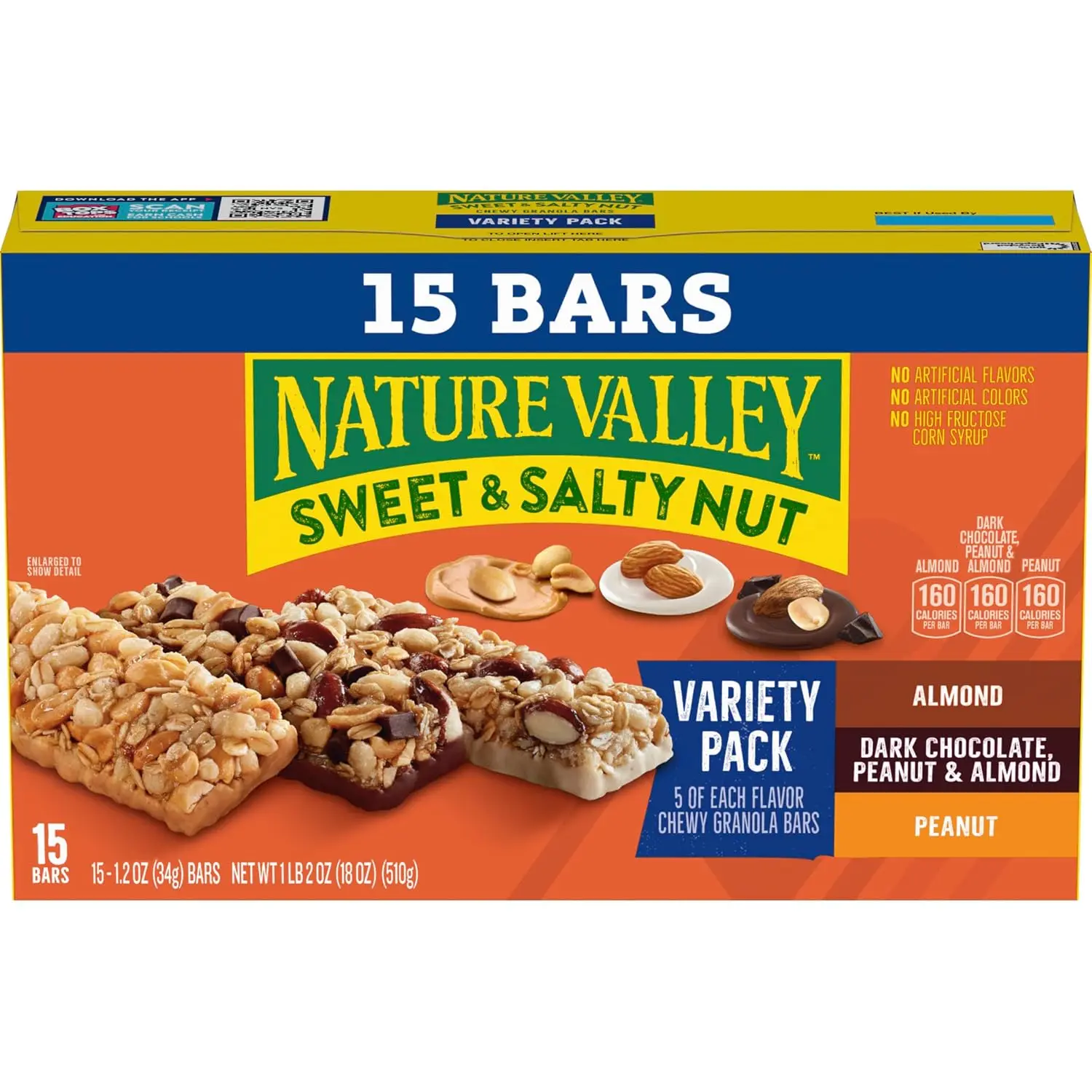 Nature Valley Sweet & Salty Variety Pack Granola Bars, 15 ct, 18 oz | 3 Flavors: Peanut, Almond & Dark Chocolate Peanut Almond, 5 Bars Each, No...