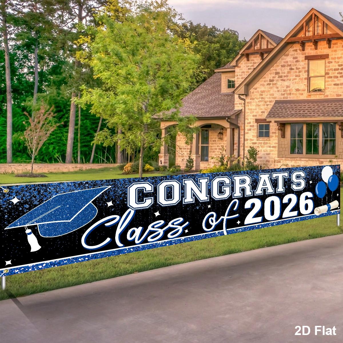 1pc Large Graduation Banner, 200*40cm Class Of 2026 Congrats Grad Yard Sign. Blue White/Black Gold/Black White Gold. 2D flat hanging welcome sign for graduation party, fence, garage, garden, porch, backdrop, home wall & room decor.