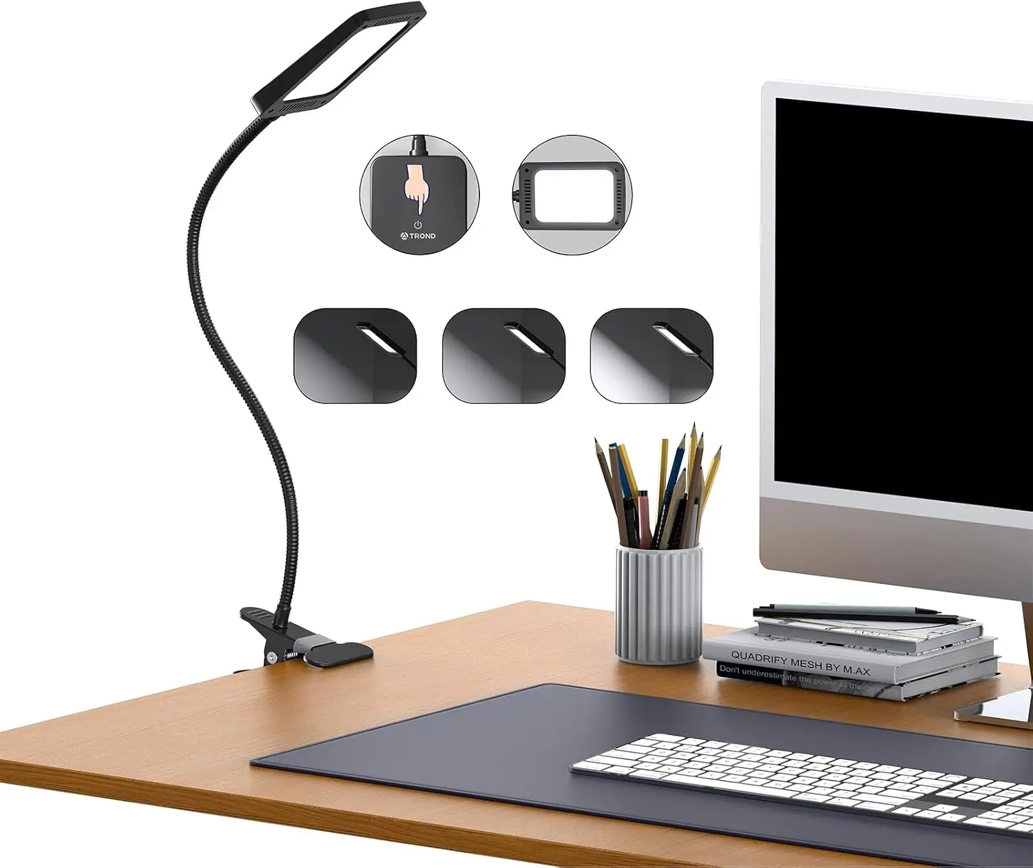 Clip-On LED Desk Lamp, 1000LM Super Bright 3-Level Dimmable 6000K Daylight Light, Extra-Long Flexible Gooseneck Eye-Care Lamp for Painting, Reading, Workbench