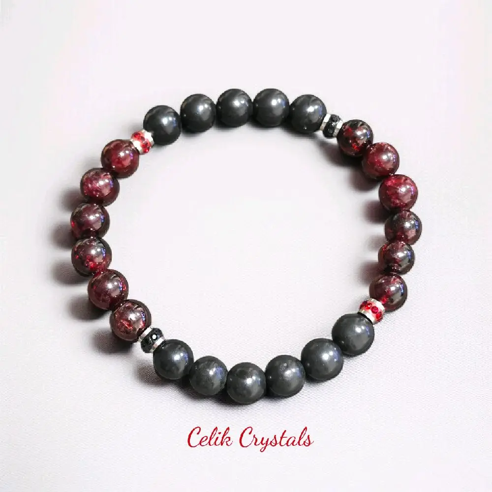 Shungite Garnet Bracelet 8mm Natural Stones Energy Protection Grounding Unisex