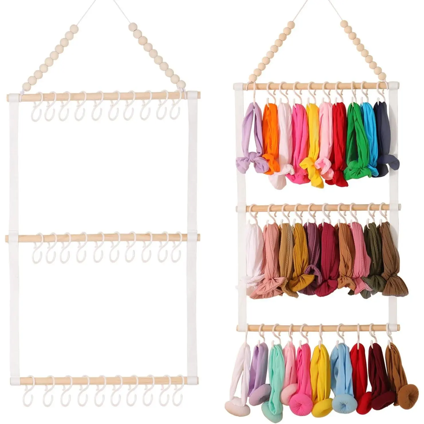 Bohemian Style Rectangle Wood Wall Hanging Hanger - Space Saving Hangers, Door Mount, Soft Cotton Ribbon, Boho Bead Lanyard, ABS Adjustable Hooks, Cute Decor, Feminine Durable Home Organizer for Hair & Clothes Accessories (White)