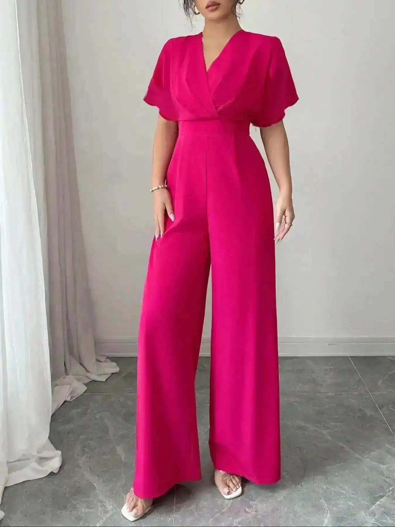 Modern Trendy Outfit, Elegant Women's Romper, V Neck Short Sleeve Wide Leg, All-In-One Evening Party, Stylish Ladies' Clothing, One Piece, Versatile, Comfort, Wear, Style, Outfit, Essential, Trendy, Chic, Classy, Modern