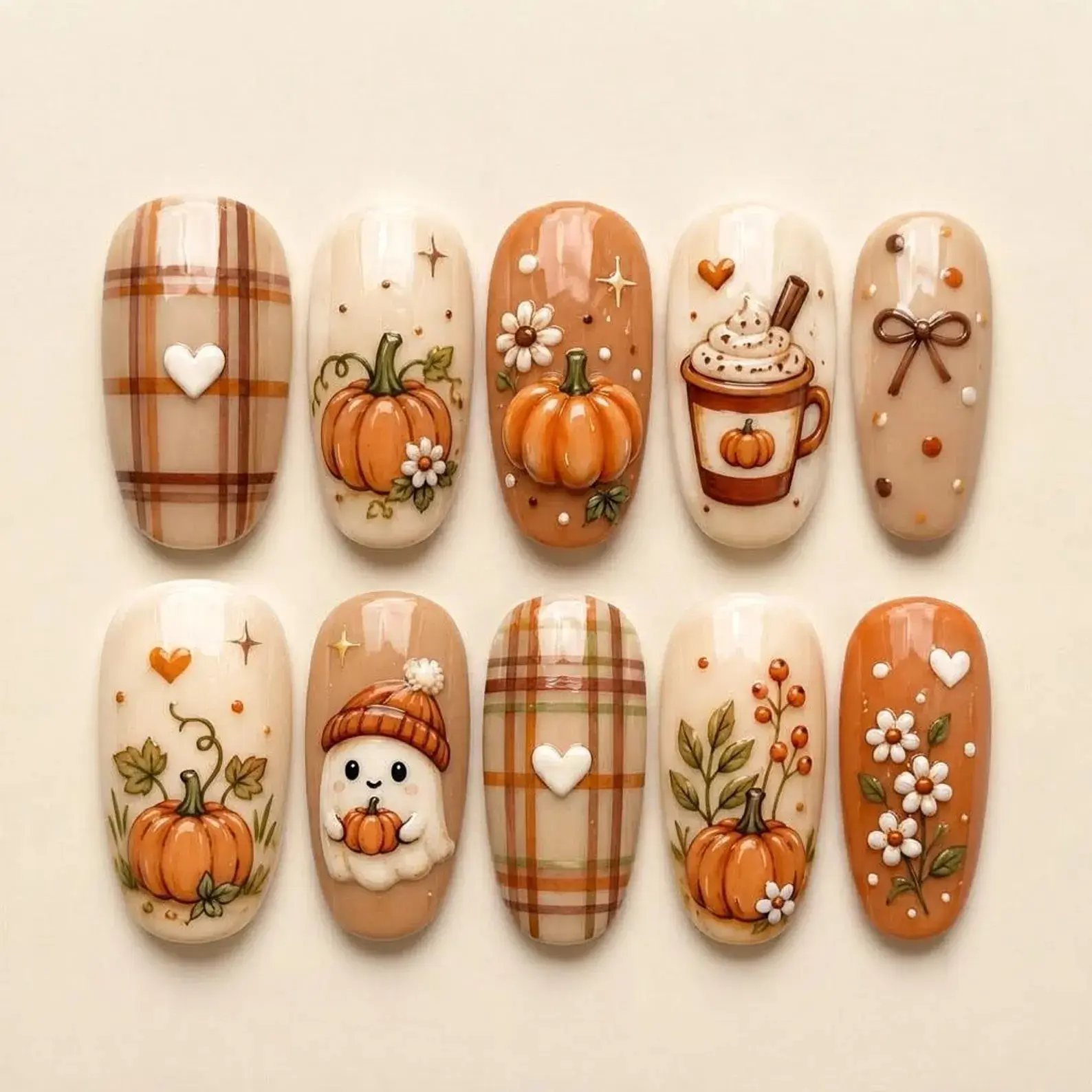 Handmade Pumpkin Press On Nails / Cozy Fall Nails / Autumn Plaid Nails / Cute Ghost Nails / Halloween Press On Nails