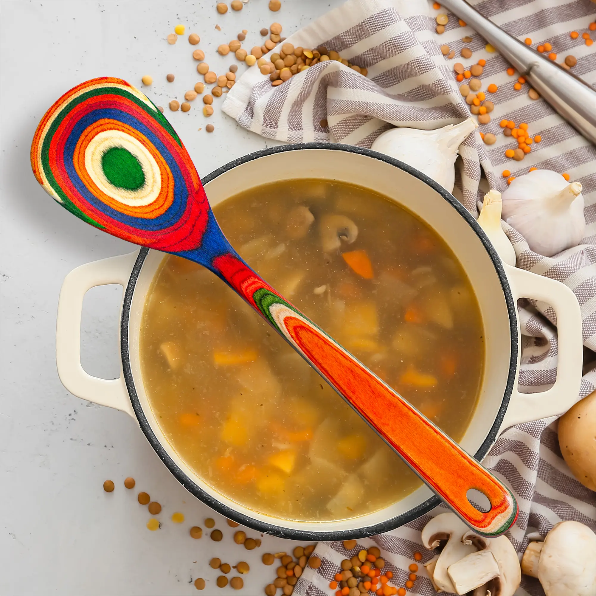 Baltique Marrakesh Collection Cooking Spoon, 12-1/2" - Wooden Rainbow Design for Stirring & Serving - Safe on Non-Stick Cookware with Hanging Hole